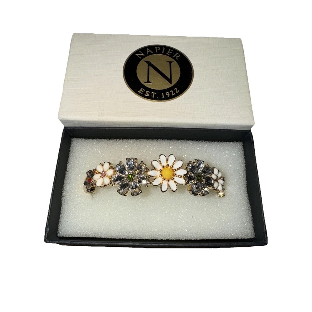 Napier Daisy Flower Bracelet Gold Tone Enamel w/ Rhinestones Signed In Box